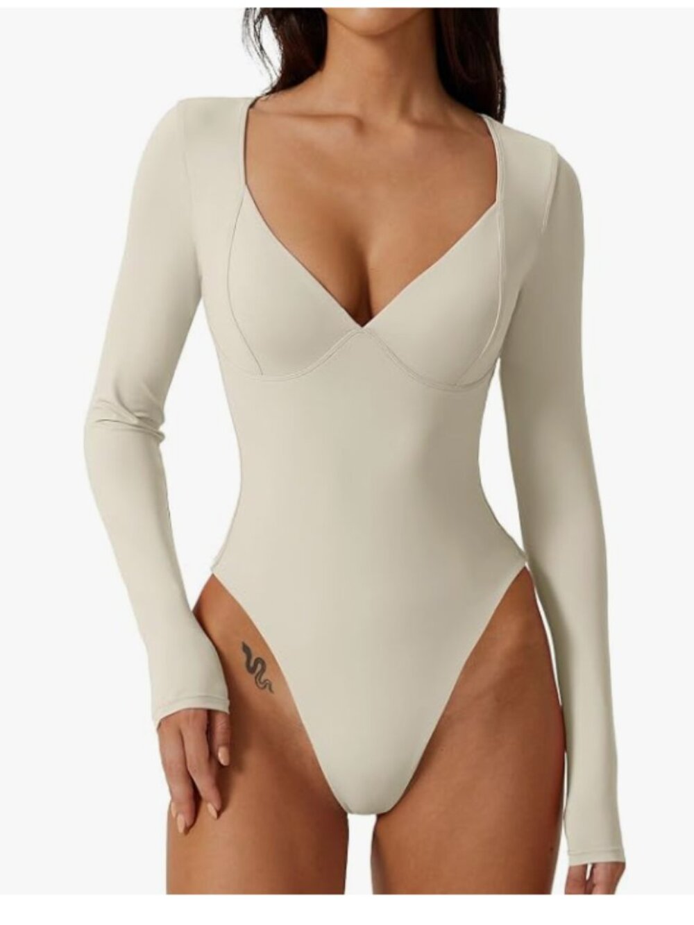 QINSEN Women's Long Sleeve Bodysuit V Neck Body Suits Seamed Cup Going Out Tops